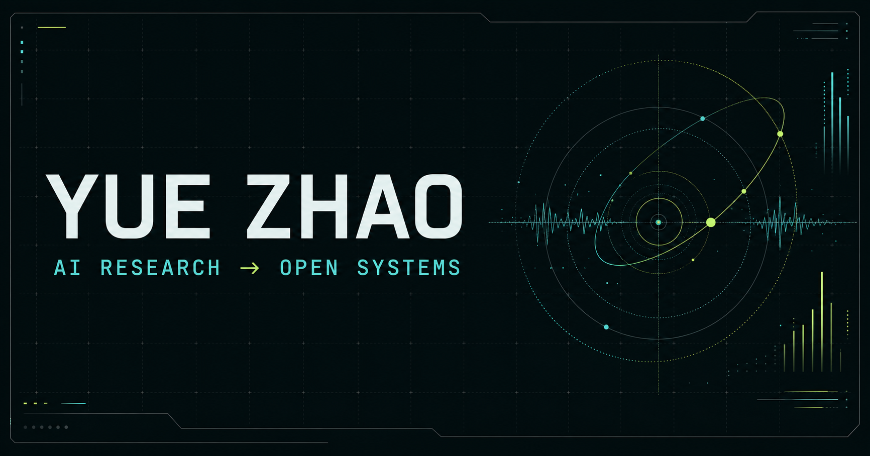 Yue Zhao — AI Research to Open Systems, visualized as an orbital research system